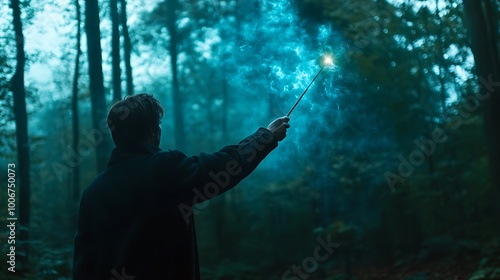 Silhouette of a person holding a glowing wand in a dark forest, magical fantasy concept