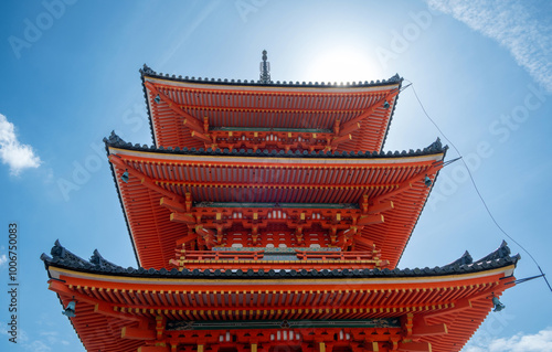 Sanjunoto pagoda upper part in Kiyomizu deraTemple, Kyoto Japan, blue sky photo