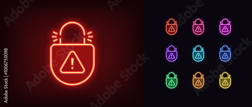 Outline neon lock picking icon set. Glowing neon broken lock with danger warning, destroyed digital protection. Security hacking, cyber attack guard, hacked protection of private data. Vector icons