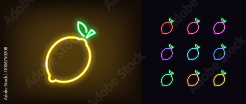 Outline neon lemon icon set. Glowing neon lemon fruit with leaf, outline silhouette. Ripe citrus fruit, lemon garden, organic food, fruit diet, summer vitamins, lime fresh, health food. Vector icons