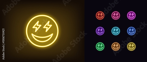 Outline neon pleasure emoji icon set. Glowing neon emoji with lightning eyes and smile. Excitement emoticon, anticipation feeling, enthusiasm face, surprise, flash eyes, positive mood. Vector icons