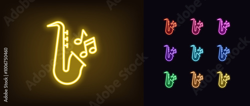 Outline neon jazz music icon set. Glowing neon saxophone with musical notes. Jazz retro party, live classical music, musical festival and jazz show, golden sax melody play, music concert. Vector icons