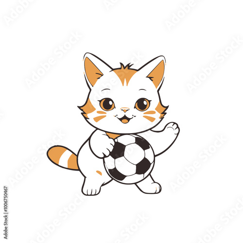 Cartoon Cat Playing Soccer - Cute Sports Animal Character Vector Illustration