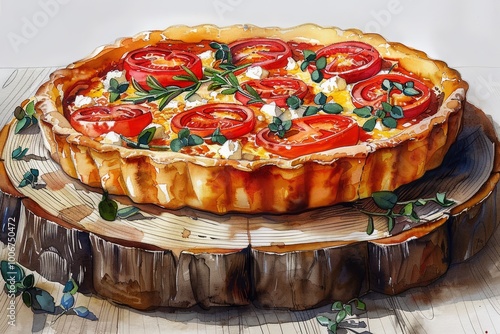 Watercolor Feta tart. Greek tart. Dry Tomatoes. Gluten-free quiche. Tomato tart. Tomato and Spinach Tart. Tomato quiche. Feta quiche. Savory tomato tart. Sun dried tomatoes. Feta tart with vegetables.