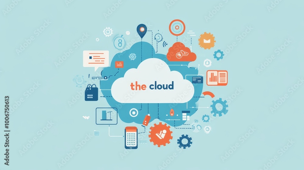 A digital graphic showcasing a central cloud surrounded by interconnected icons, representing the concept of cloud computing. A digital graphic showcasing a central cloud surrounded by interconnected icons, representing the concept of cloud computing.