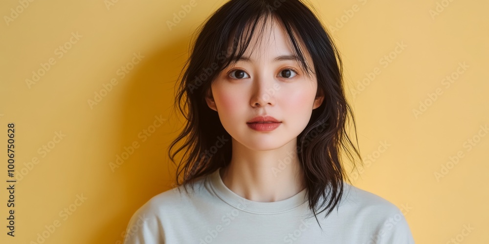 Εκτύπωση καμβά a close-up studio photo of a young Asian woman, aged in her late 20s, wearing a