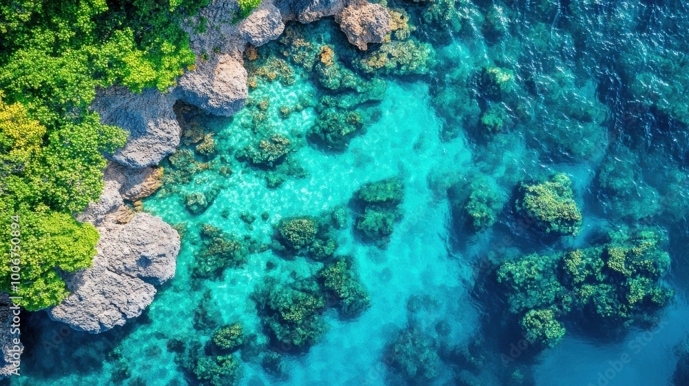 Vibrant tropical reef with clear blue water and lush green vegetation overhead view Vibrant tropical reef with clear blue water and lush green vegetation overhead view
