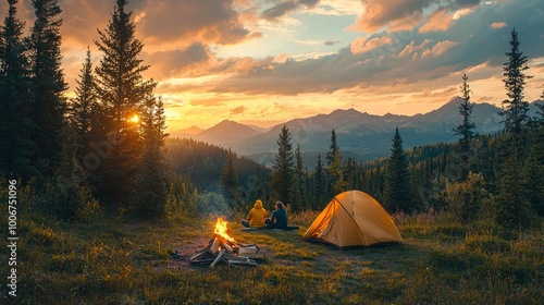 A tent is set up on the grass near an open fire, and two people in yellow jackets sit around it during sunset