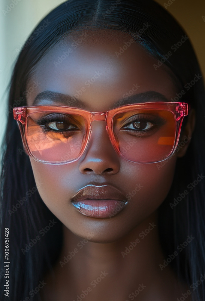 Close-up, frontal view of an African American woman wearing clear, red-framed sunglasses with a square shape and thin rims. Close-up, frontal view of an African American woman wearing clear, red-framed sunglasses with a square shape and thin rims.