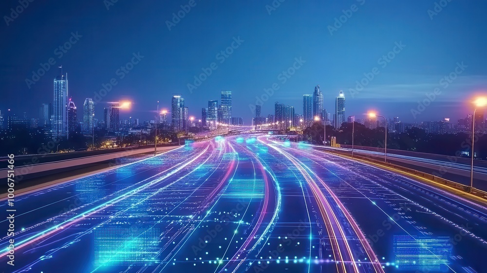 Fototapeta premium Futuristic AI-Driven Cityscape at Night