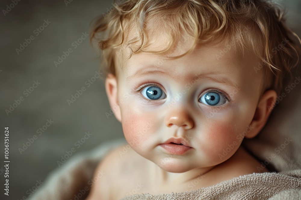 A curious baby with bright blue eyes gazes thoughtfully while resting on a soft A curious baby with bright blue eyes gazes thoughtfully while resting on a soft