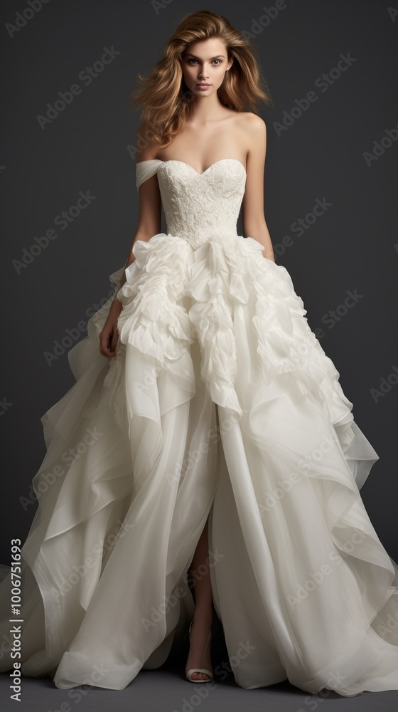 Elegant bridal gown with intricate detailing showcased by a model against a dark background in a fashion setting, highlighting the satin and ruffle textures during a photoshoot
