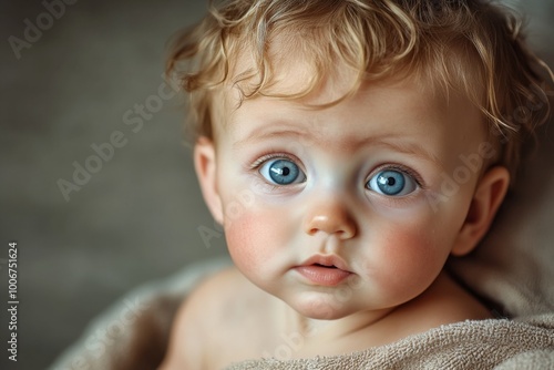 A curious baby with bright blue eyes gazes thoughtfully while resting on a soft