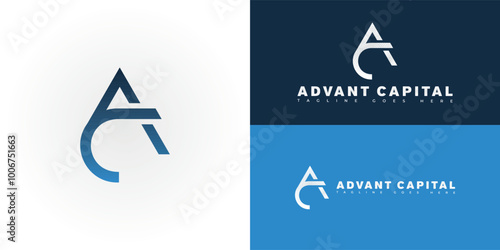 Modern initial vector letter AC or CA logo in blue color isolated on multiple background colors. The logo is suitable for commercial real estate investment company logo design inspiration templates.