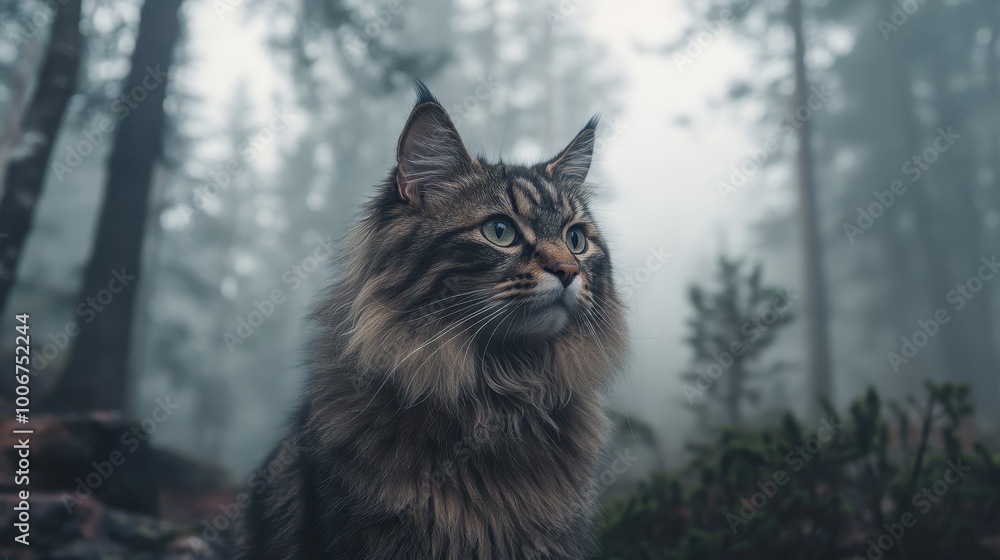 Norwegian Forest Cat in Mysterious Forest Setting Norwegian Forest Cat in Mysterious Forest Setting