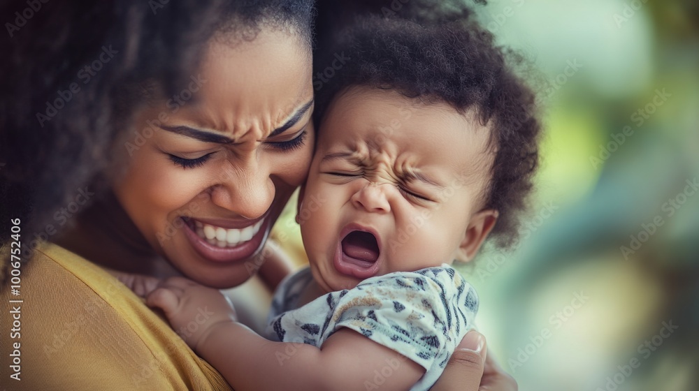 A joyful mother embraces her crying baby outdoors on a sunny day, showcasing a tender and emotional moment filled with love and connection A joyful mother embraces her crying baby outdoors on a sunny day, showcasing a tender and emotional moment filled with love and connection