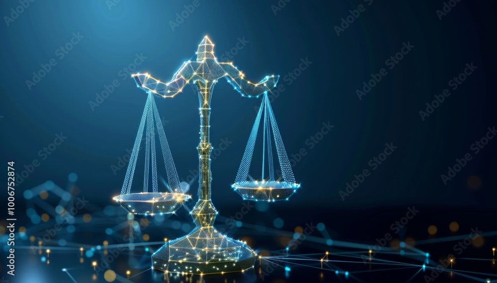 Justice and Technology Concept, digital 3D scale of justice icon in low poly design with glowing neon grid lines, Justice Systems with Virtual Integrity, law, technology in the legal system. Justice and Technology Concept, digital 3D scale of justice icon in low poly design with glowing neon grid lines, Justice Systems with Virtual Integrity, law, technology in the legal system.
