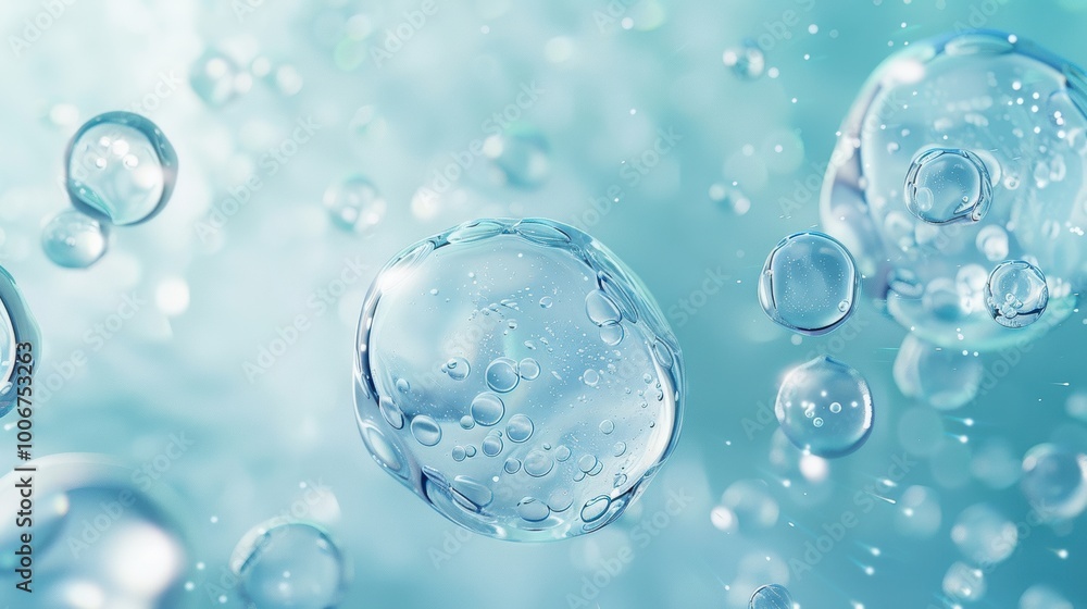 transparent cells floating on a light blue background, surrounded by small cells and bubbles, clean, full of vibrant atmosphere, suitable for the use of advertisements for skincare products transparent cells floating on a light blue background, surrounded by small cells and bubbles, clean, full of vibrant atmosphere, suitable for the use of advertisements for skincare products