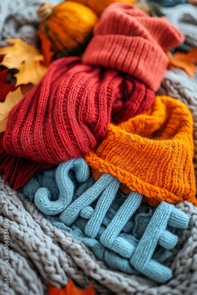 The knitted letters SALE are placed on top of a cozy pile of knitted scarves and hats in warm, colorful tones The knitted letters SALE are placed on top of a cozy pile of knitted scarves and hats in warm, colorful tones