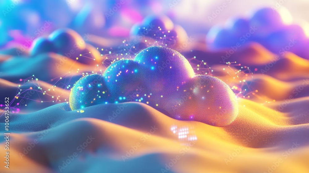 A vibrant digital cloud surrounded by glowing pixels and patterns, evoking a sense of futuristic technology and energy. A vibrant digital cloud surrounded by glowing pixels and patterns, evoking a sense of futuristic technology and energy.