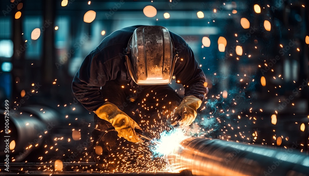 A welder wearing a helmet and protective gloves works on a metal pipe in a factory with sparks flying. A welder wearing a helmet and protective gloves works on a metal pipe in a factory with sparks flying.