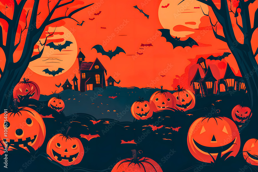 Illustration Jack o' Lantern and castle silhouette at night, perfect for Halloween greetings or special Halloween sales promotions. Sale banner concept Illustration Jack o' Lantern and castle silhouette at night, perfect for Halloween greetings or special Halloween sales promotions. Sale banner concept
