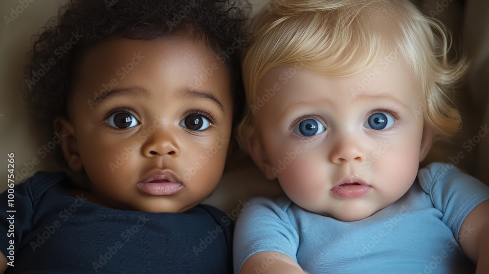 Two adorable infants with contrasting features sit close together, gazing softly with big eyes, showcasing their bond and diverse backgrounds during a cozy indoor moment Two adorable infants with contrasting features sit close together, gazing softly with big eyes, showcasing their bond and diverse backgrounds during a cozy indoor moment