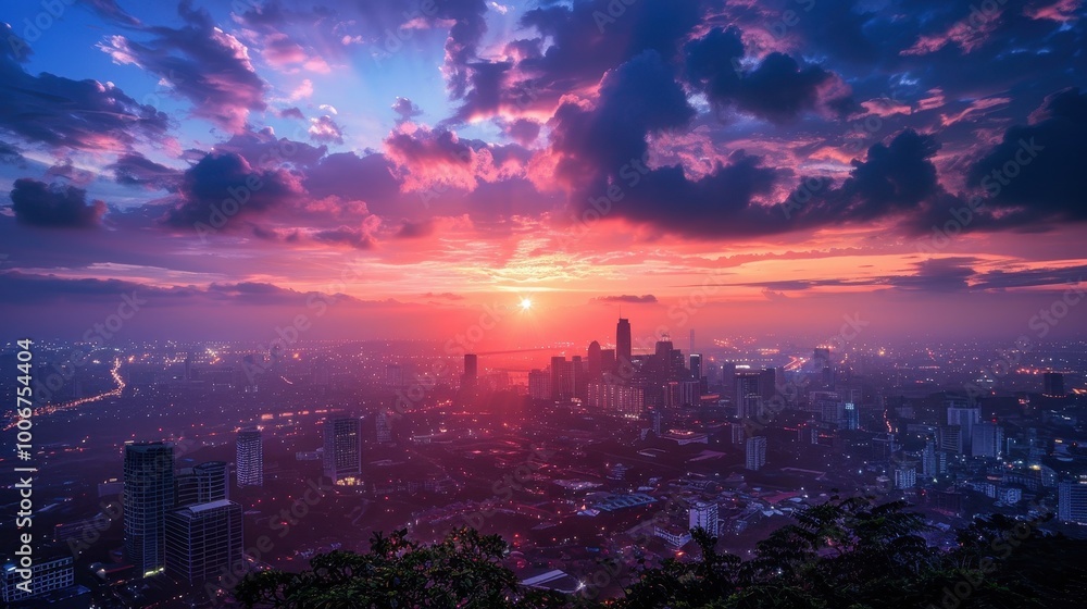 Obraz premium Sunset Over City Skyline Background