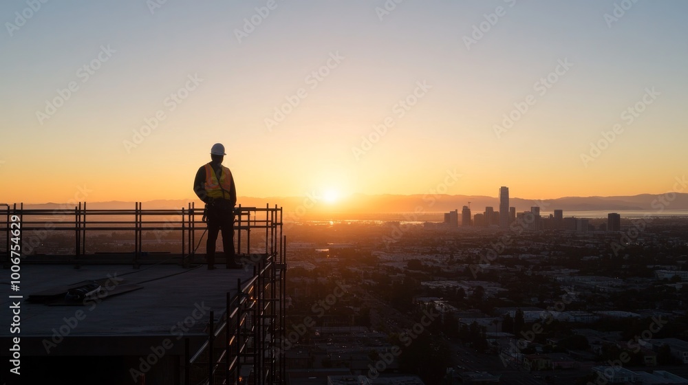 An engineer stands confidently at the top of a tall bridge tower, enjoying a sweeping sunset view over a vibrant city. Silhouetted skyscrapers enhance the panorama An engineer stands confidently at the top of a tall bridge tower, enjoying a sweeping sunset view over a vibrant city. Silhouetted skyscrapers enhance the panorama