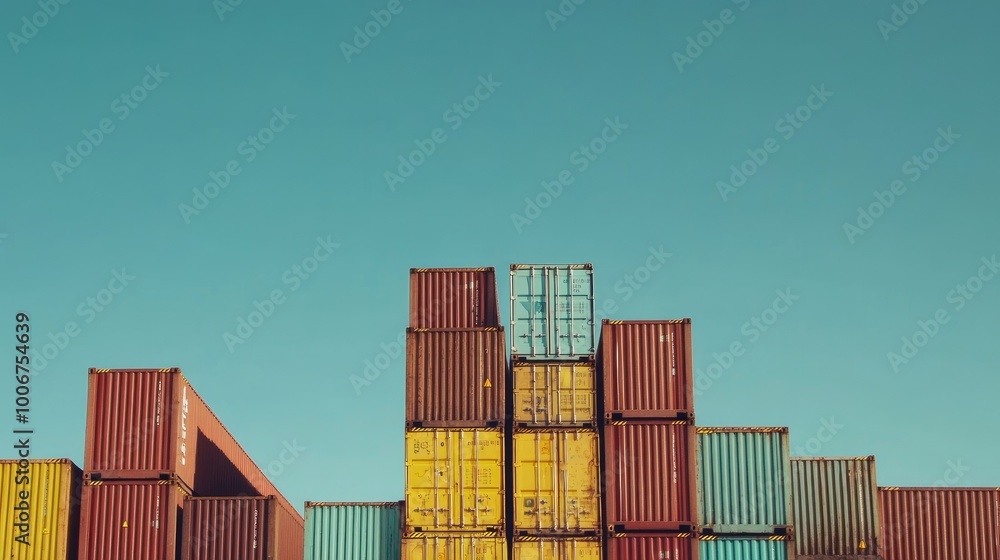 Fototapeta premium Stacked containers against a clear blue sky, perfect for showcasing logistics and shipping services.
