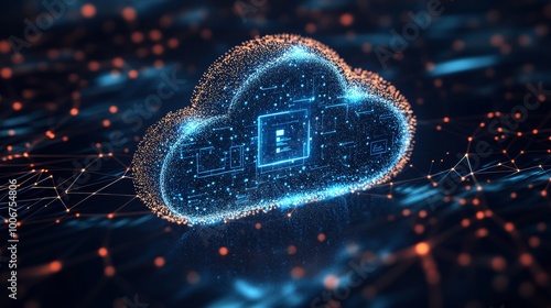 A digitally rendered cloud with intricate circuits and nodes, symbolizing advanced technology and connectivity.