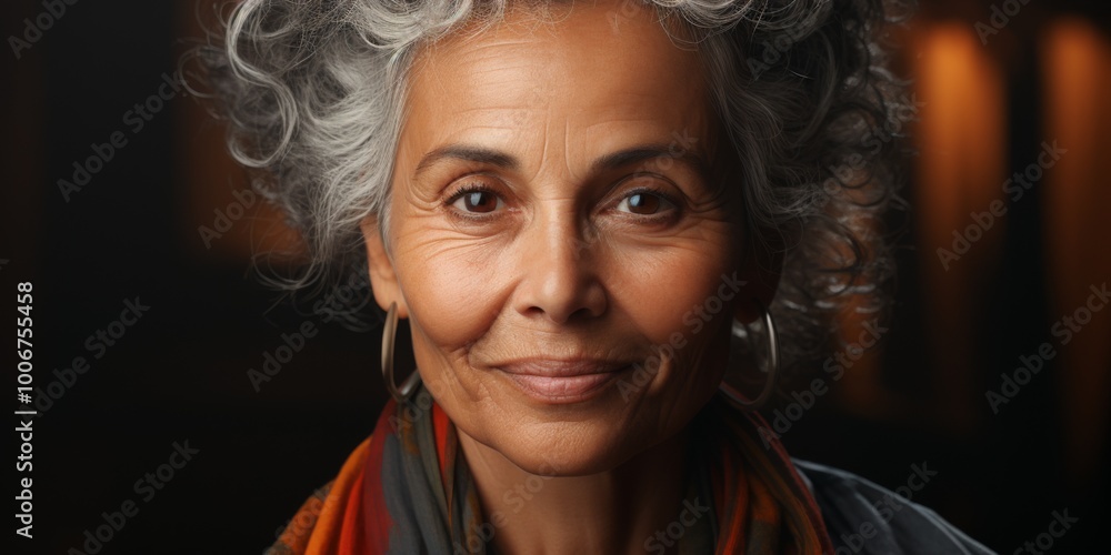 A close-up portrait of a smiling senior woman with curly gray hair, showcasing her wisdom and warmth in a dimly lit room during the evening hours A close-up portrait of a smiling senior woman with curly gray hair, showcasing her wisdom and warmth in a dimly lit room during the evening hours