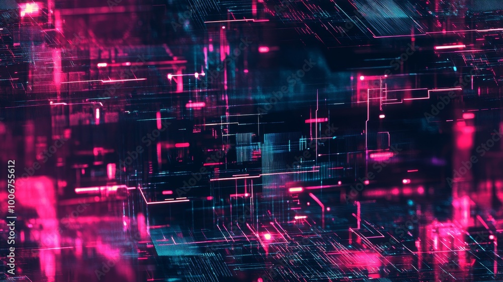 A digital illustration features intricate pink and blue lines forming a grid pattern, conveying a sense of futuristic technology. A digital illustration features intricate pink and blue lines forming a grid pattern, conveying a sense of futuristic technology.