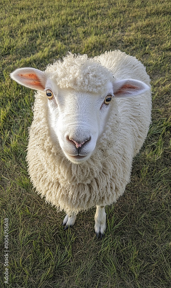 A white sheep with a fluffy coat stares directly at the camera with curious eyes. It is standing in a grassy field. A white sheep with a fluffy coat stares directly at the camera with curious eyes. It is standing in a grassy field.
