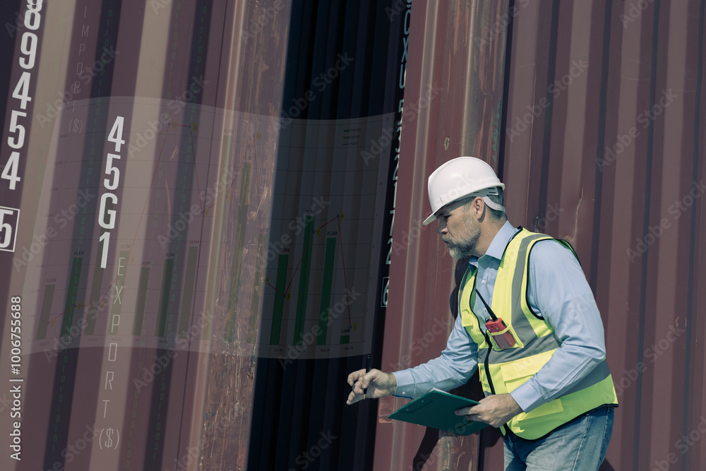 Foreman of logistic is checking document and inspection container. And wear safety uniform. Foreman of logistic is checking document and inspection container. And wear safety uniform.