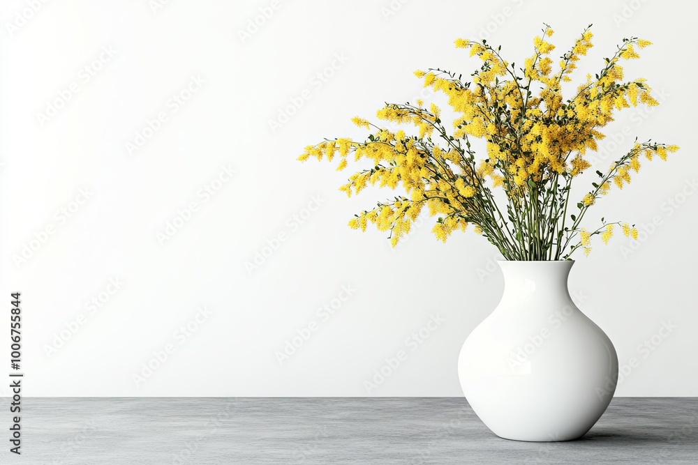 A white vase with yellow flowers on a grey table against a white wall. A white vase with yellow flowers on a grey table against a white wall.