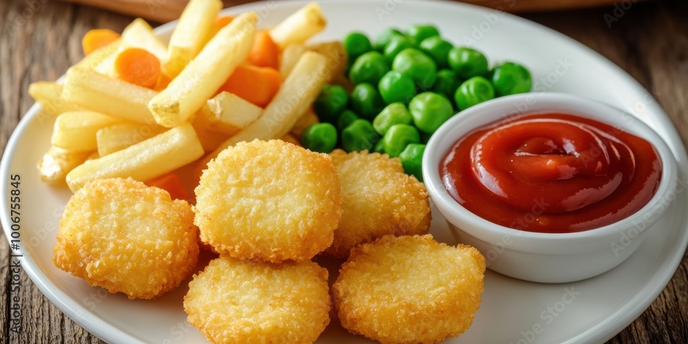 Delicious golden chicken nuggets served with crispy French fries, fresh green peas, and a side of ketchup on a rustic wooden table Delicious golden chicken nuggets served with crispy French fries, fresh green peas, and a side of ketchup on a rustic wooden table