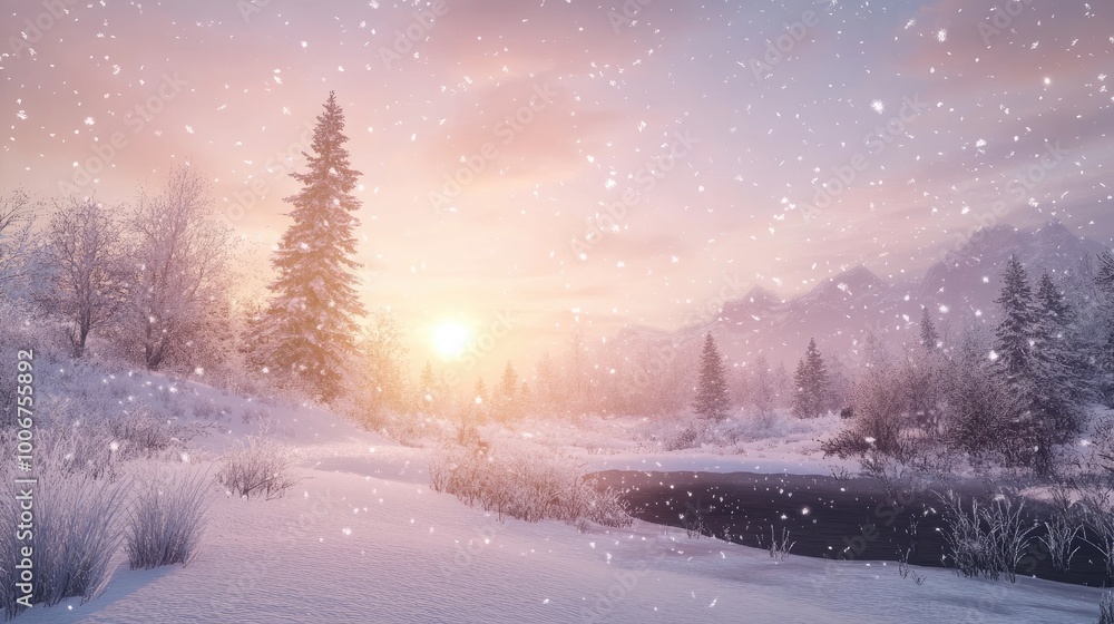 A beautiful snowy landscape with delicate flakes falling from the sky, creating a serene winter atmosphere. A beautiful snowy landscape with delicate flakes falling from the sky, creating a serene winter atmosphere.