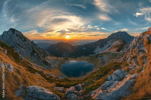 Stunning wide angle panorama of majestic mountains illuminated by a vibrant sunset sky