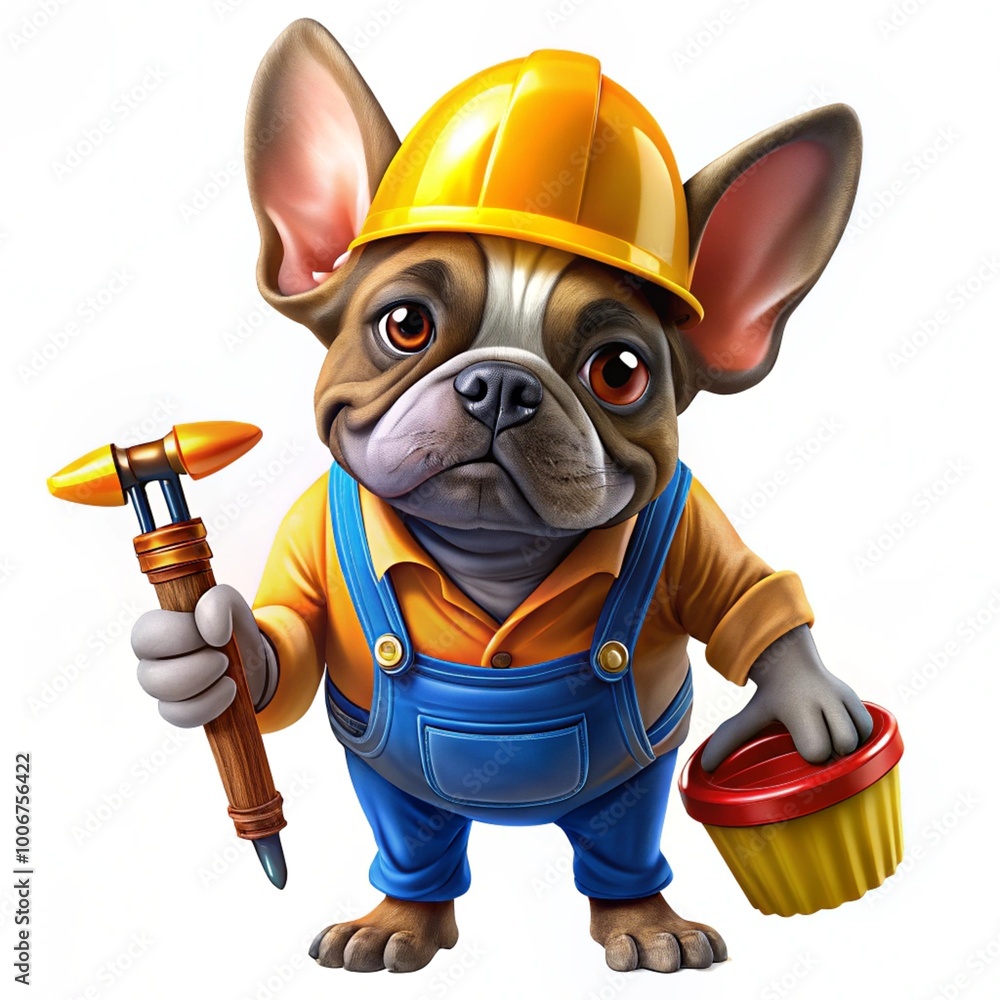 Handyman French bulldog dog worker with helmet and plunger in hand, ready to repair, fix everything at home, isolated on white background, thumb up