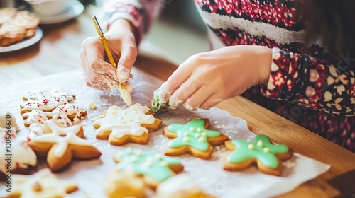 Woman decorating cookies with icing at home, fun holiday activity, sweet treats on the table, cheerful mood.