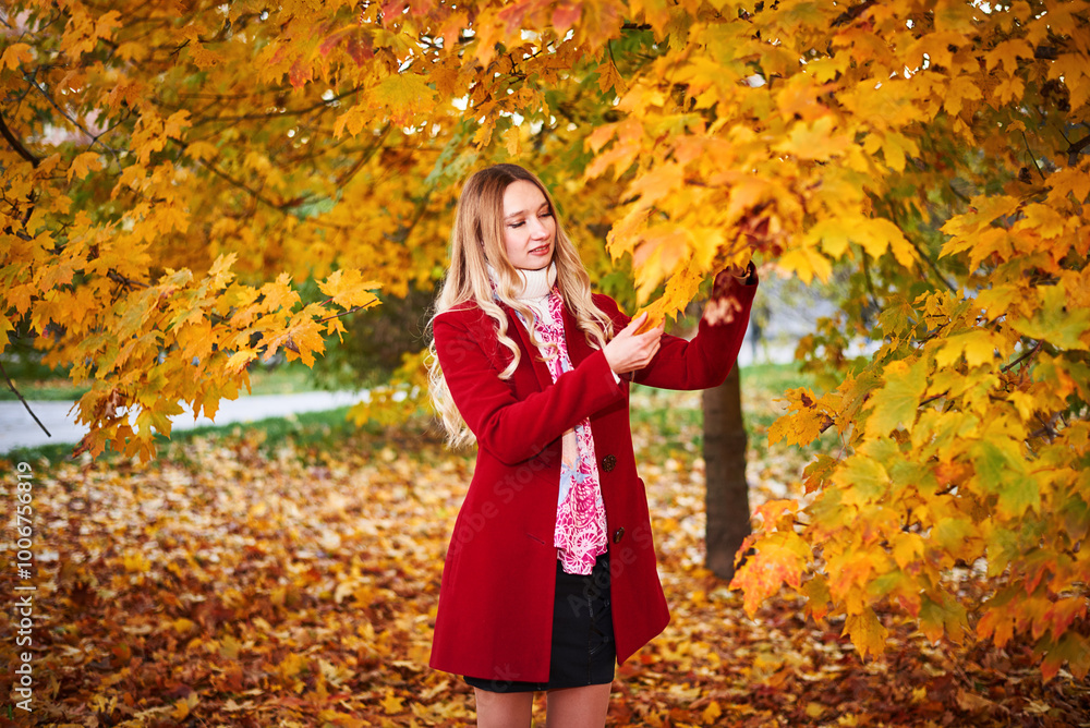 A woman in a red coat and a black skirt walks in an autumn park. The concept of autumn and the beauty of nature. A woman in a red coat and a black skirt walks in an autumn park. The concept of autumn and the beauty of nature.