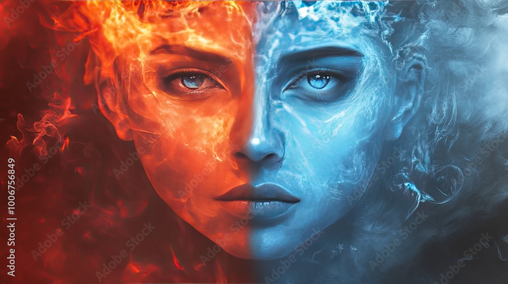 Two human faces, one radiating fiery tones, the other displaying icy hues, symbolizing contrast. Two human faces, one radiating fiery tones, the other displaying icy hues, symbolizing contrast.