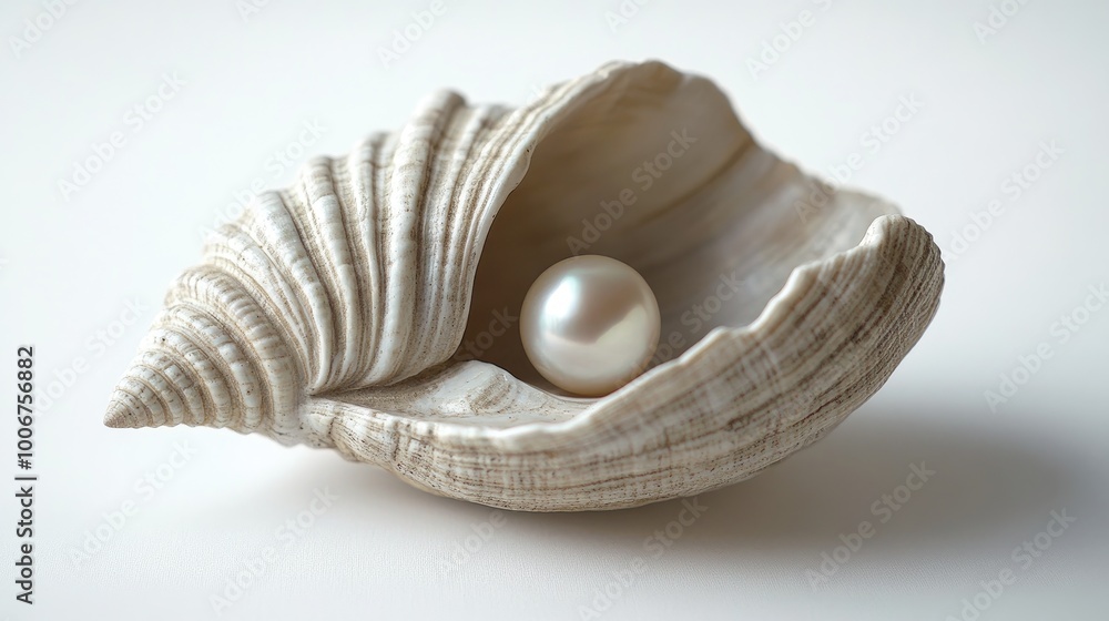 A delicately detailed shell with a shiny pearl nestled inside, placed on a white background. A delicately detailed shell with a shiny pearl nestled inside, placed on a white background.