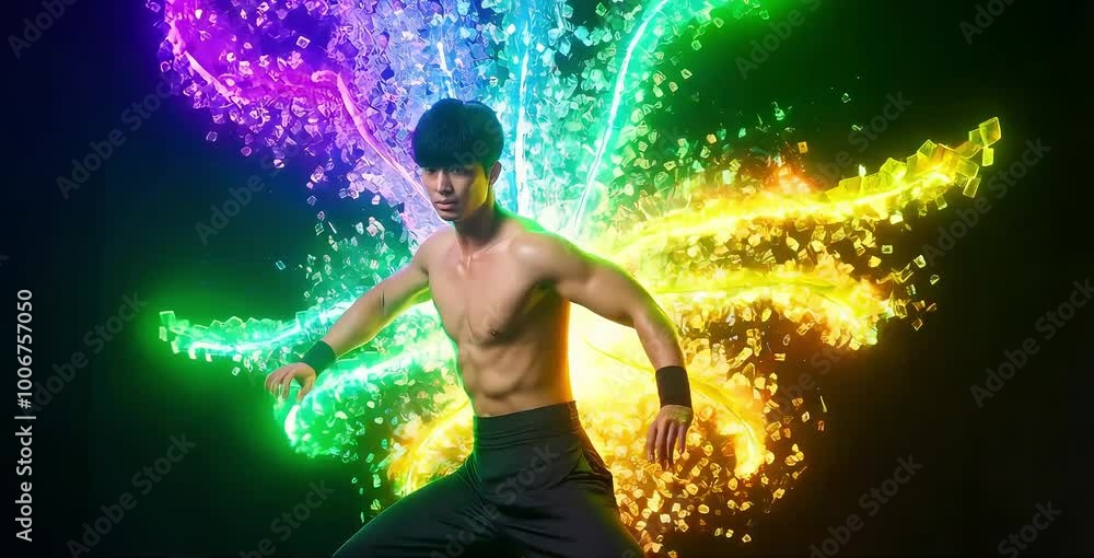 A shirtless asian fighter in a martial arts stance, surrounded by colorful futuristic light streaks and fiery energy streams A shirtless asian fighter in a martial arts stance, surrounded by colorful futuristic light streaks and fiery energy streams