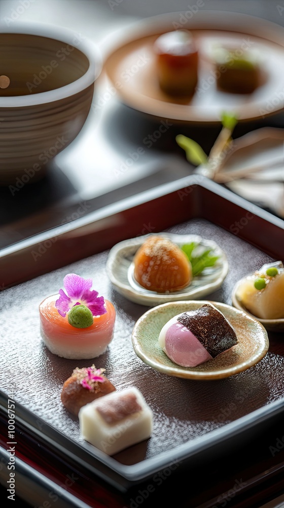 An elegant display of colorful Asian desserts on a traditional plate, showcasing artistry and culinary excellence in each bite. An elegant display of colorful Asian desserts on a traditional plate, showcasing artistry and culinary excellence in each bite.