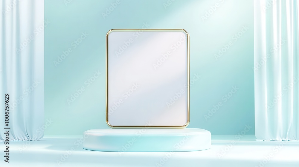 A white box with a gold frame sits on a pedestal in front of blue curtains A white box with a gold frame sits on a pedestal in front of blue curtains