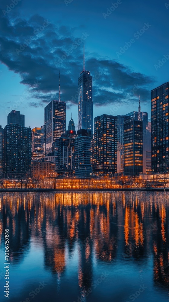 Obraz premium Stunning skyline at twilight, showcasing modern architecture and reflections in the calm water.