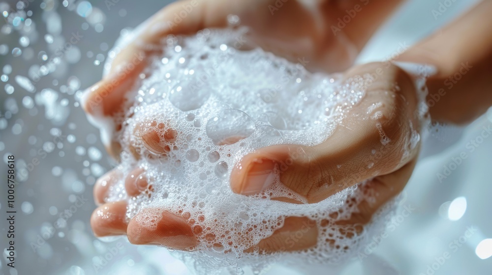 Fototapeta premium Close up of hands washing with soap over a white background, focusing on soapy hands and foam in the bathroom, depicting a skin care concept. 