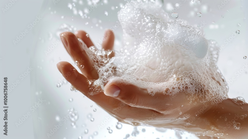 Close up of hands washing with soap over a white background, focusing on soapy hands and foam in the bathroom, depicting a skin care concept. Close up of hands washing with soap over a white background, focusing on soapy hands and foam in the bathroom, depicting a skin care concept.